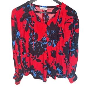 Calvin Klein Large Red Floral Blouse Long Sleeve Flowy Top Officewear Business